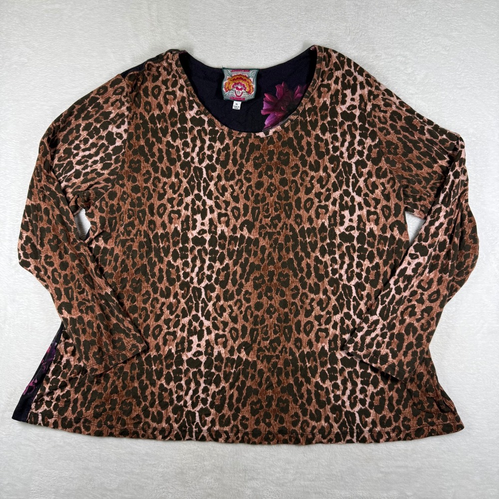 Johnny Was XL Leopard Floral Mixed Print Bamboo Spandex Scoop Neck Top R11920A-S